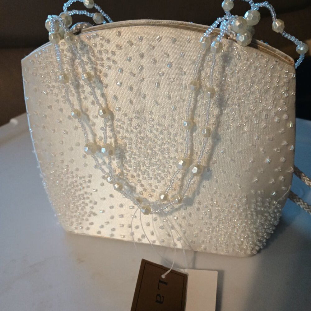 La Regale White Beaded Evening Bag